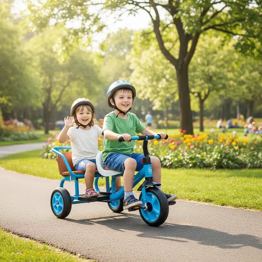 Triciclo de asiento doble de metal para niños celeste goofertas 2