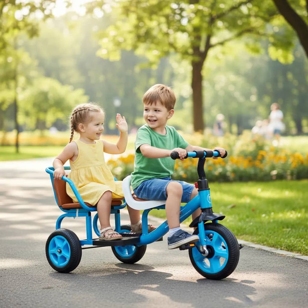 Triciclo de asiento doble de metal para niños celeste goofertas 3