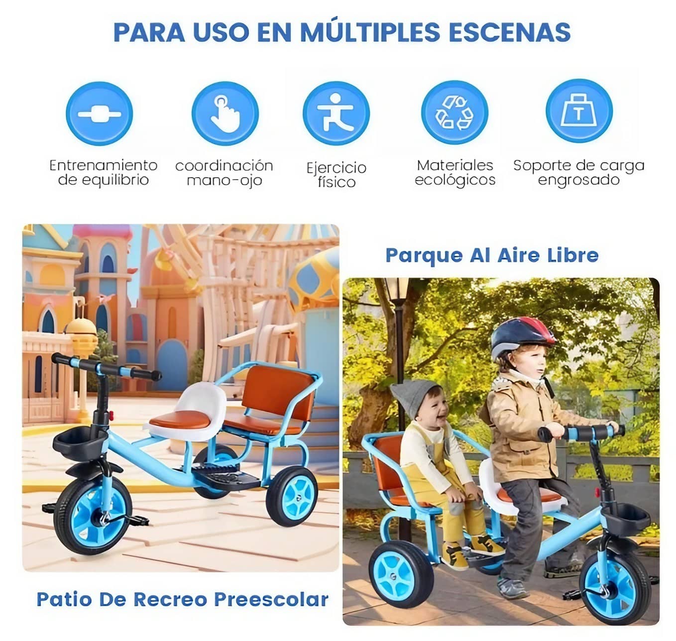 Triciclo de asiento doble de metal para niños celeste goofertas 4