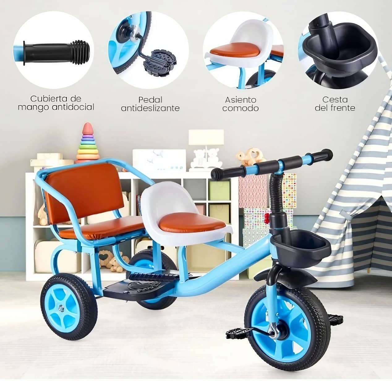 Triciclo de asiento doble de metal para niños celeste goofertas 5