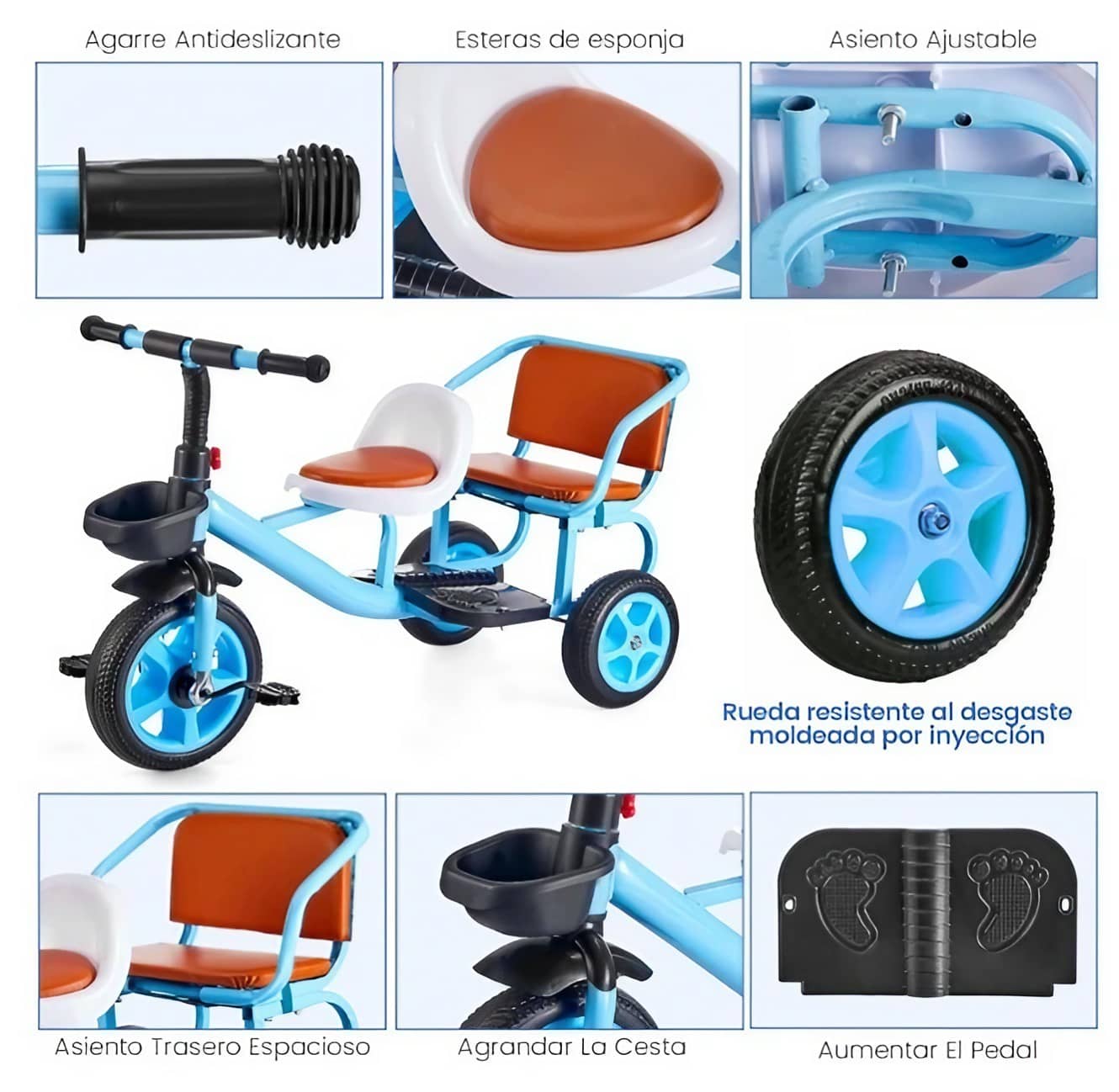 Triciclo de asiento doble de metal para niños celeste goofertas 6