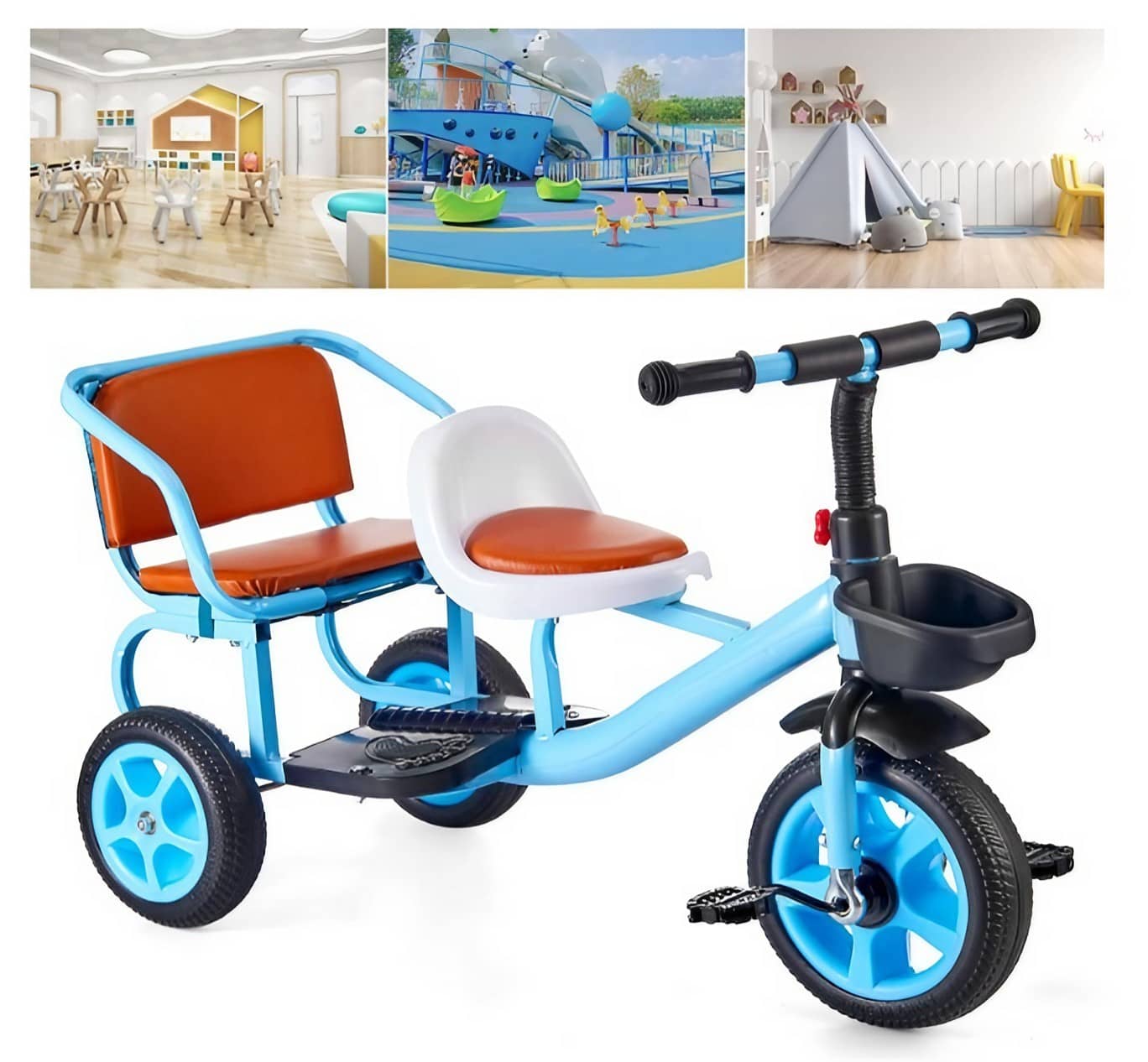 Triciclo de asiento doble de metal para niños celeste goofertas 7