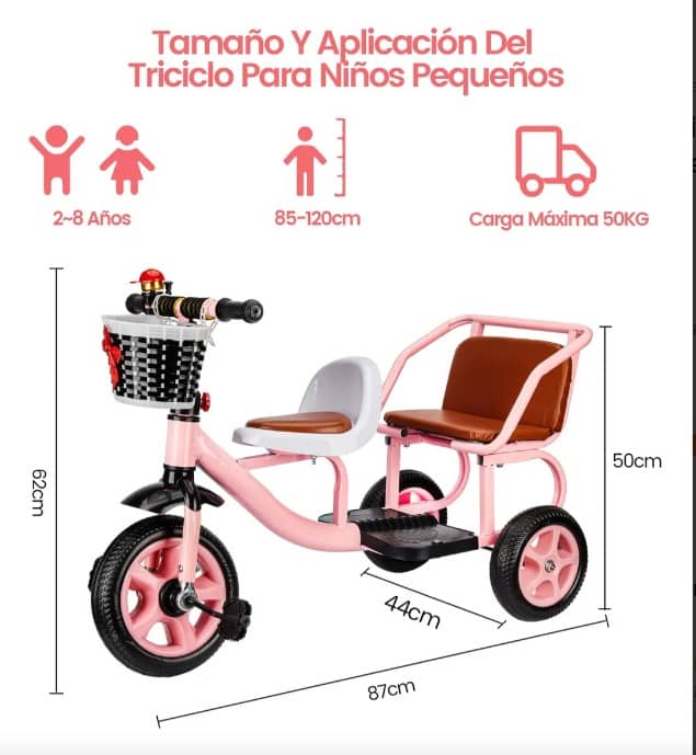 Triciclo de asiento doble de metal para niños rosado goofertas 3